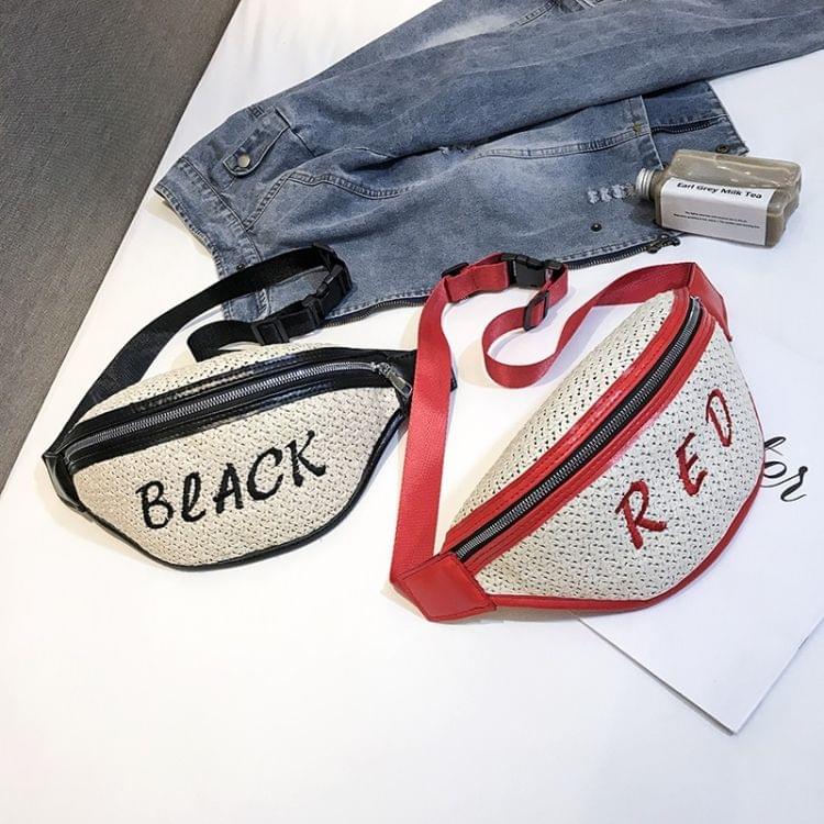 Fashion Weaving Straw Color Letter PU Single Shoulder Bag Zipper Messenger Bag Waist Sports Chest Pockets Bag (Red)