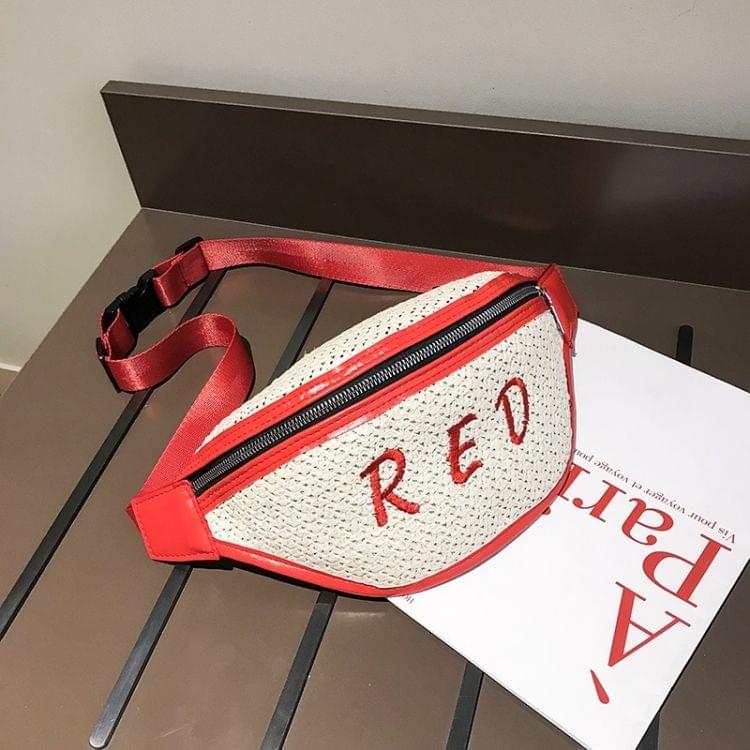 Fashion Weaving Straw Color Letter PU Single Shoulder Bag Zipper Messenger Bag Waist Sports Chest Pockets Bag (Red)