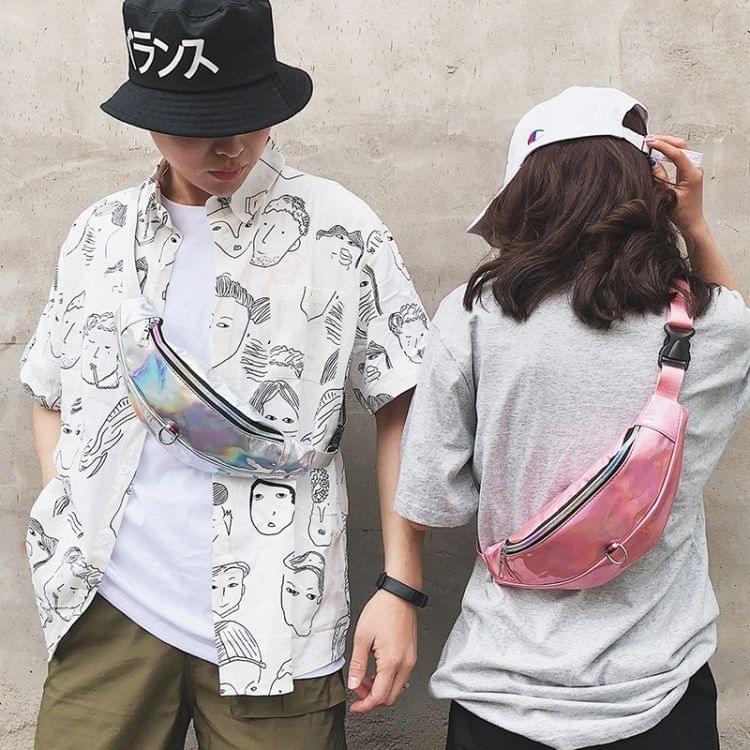 Fashion Smooth Surface PU Single Shoulder Bag Zipper Men & Women Messenger Bag Sports Waist Chest Pockets Bag (Pink)