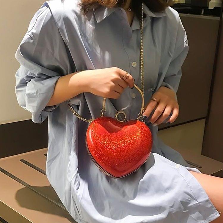 Heart-shaped glitter Glossy PU Leather Chain Single Shoulder Bag Ladies Handbag Messenger Bag (Red)
