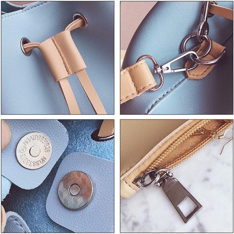 Handle Ring Drawstring PU Leather Single Shoulder Bag Bucket Bag Ladies Handbag Messenger Bag (White)