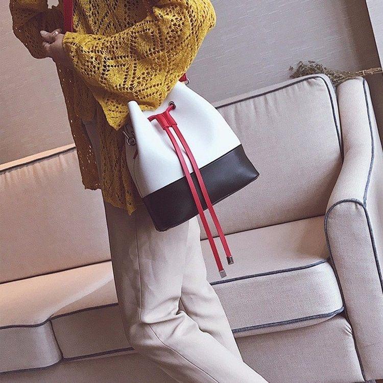 Handle Ring Drawstring PU Leather Single Shoulder Bag Bucket Bag Ladies Handbag Messenger Bag (White)