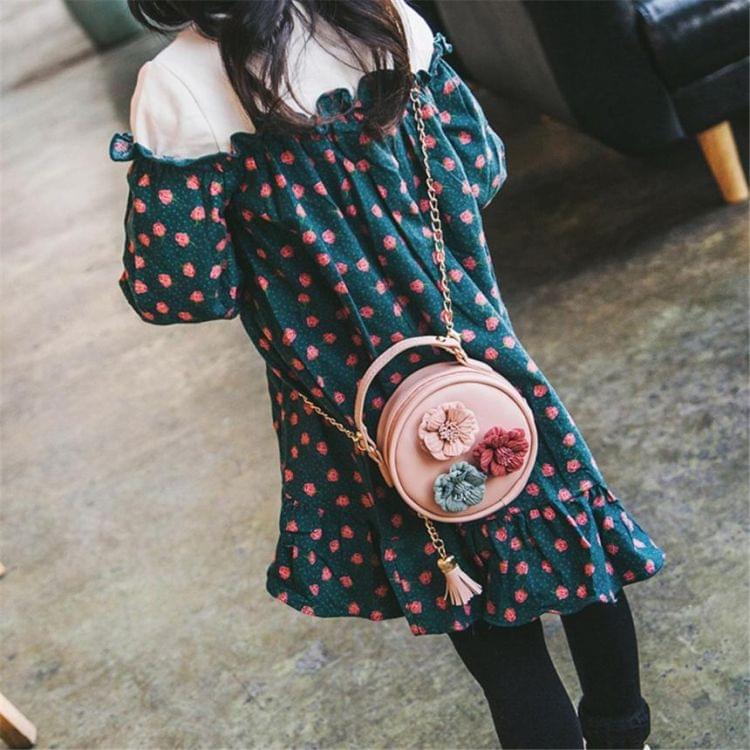 Children Tassel Circle-Shape Floral Handbag Girls Shoulder Bag Mini Messenger Bags(Black)