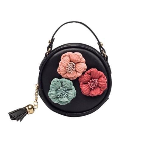 Children Tassel Circle-Shape Floral Handbag Girls Shoulder Bag Mini Messenger Bags(Black)