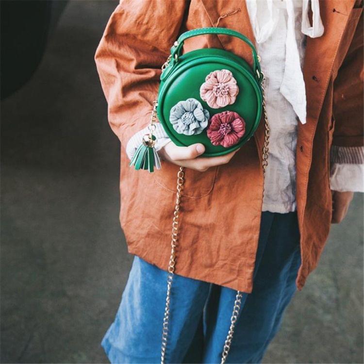 Children Tassel Circle-Shape Floral Handbag Girls Shoulder Bag Mini Messenger Bags(Black)