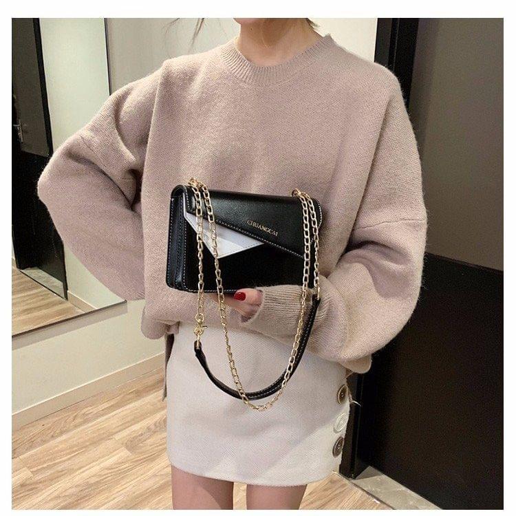 Color Matching Casual Small Square Bag Chain-strap Single Shoulder Bag Ladies Handbag Messenger Bag (Black)