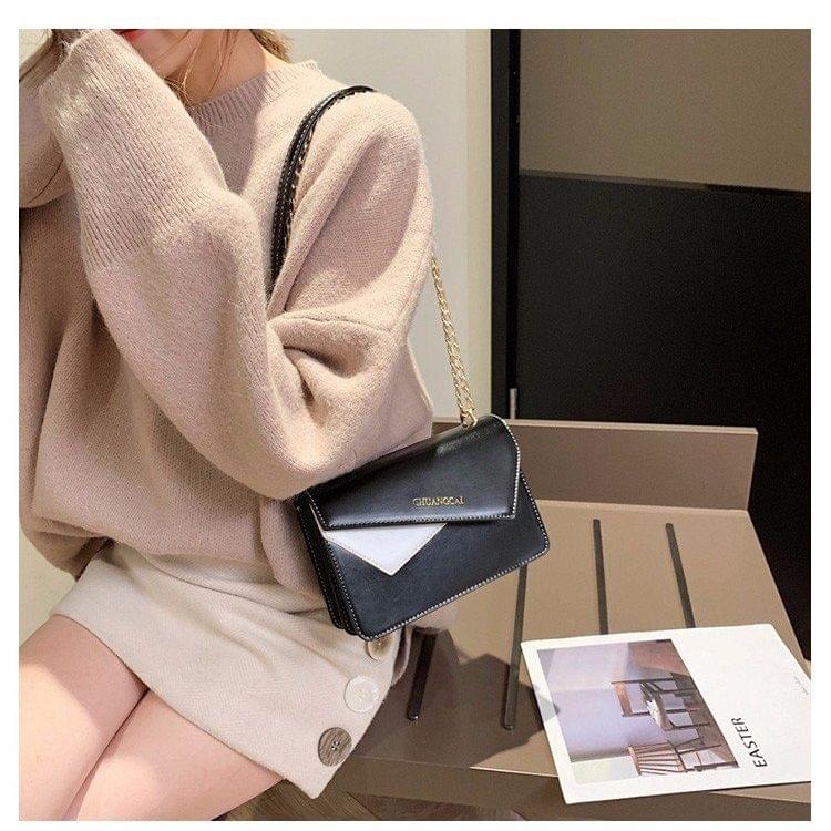 Color Matching Casual Small Square Bag Chain-strap Single Shoulder Bag Ladies Handbag Messenger Bag (Black)