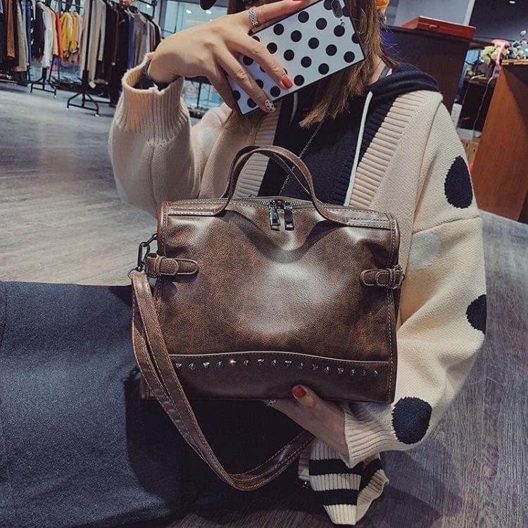 Casual Large Capacity PU Leather Shoulder Bag Ladies Handbag Rivet Crossbody Bag (Coffee)