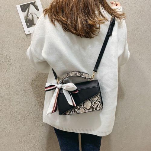 Ribbon Snake Skin Color Matching PU Leather Single Shoulder Bag Ladies Handbag Messenger Bag (Black)