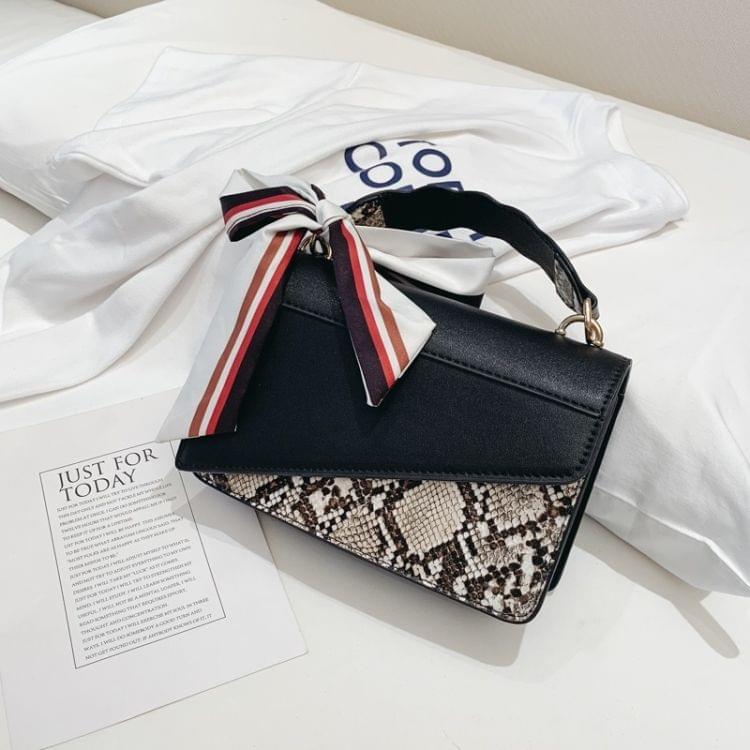 Ribbon Snake Skin Color Matching PU Leather Single Shoulder Bag Ladies Handbag Messenger Bag (Black)
