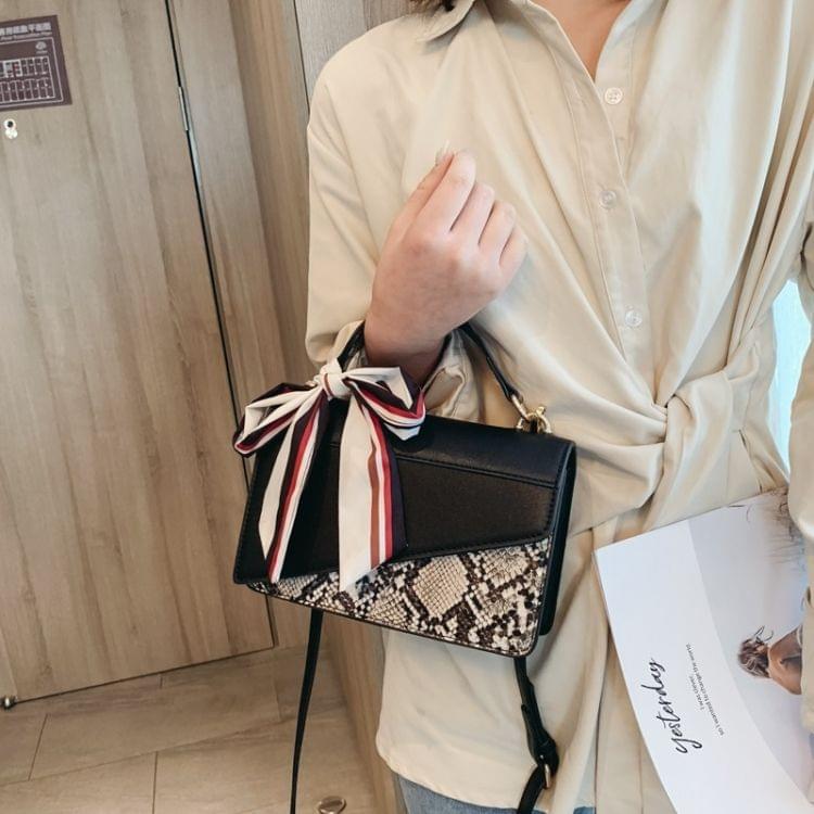 Ribbon Snake Skin Color Matching PU Leather Single Shoulder Bag Ladies Handbag Messenger Bag (Black)