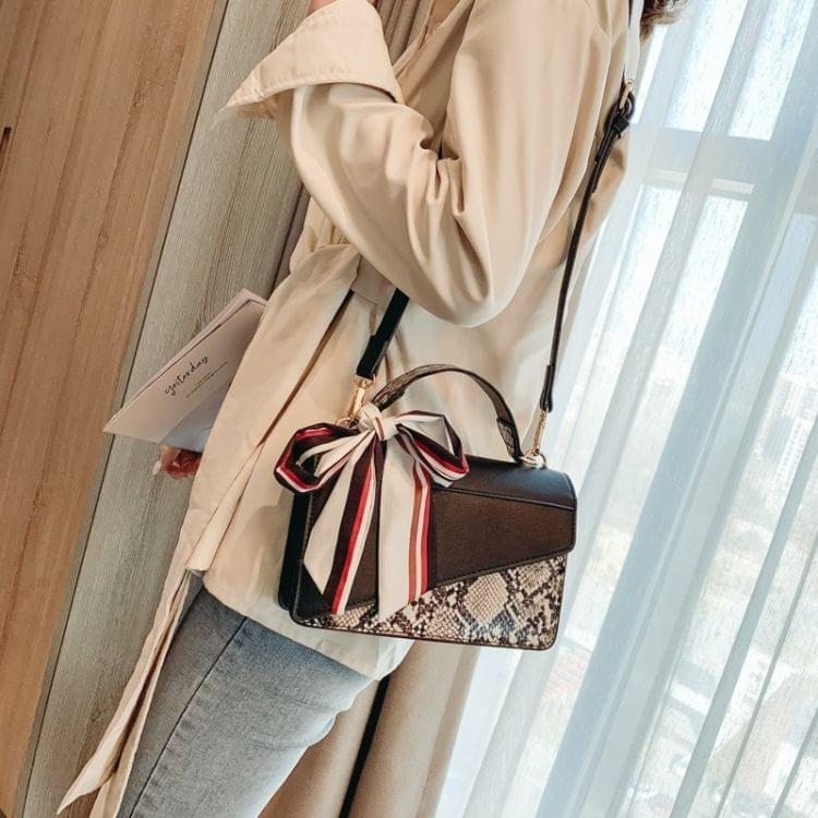 Ribbon Snake Skin Color Matching PU Leather Single Shoulder Bag Ladies Handbag Messenger Bag (Black)