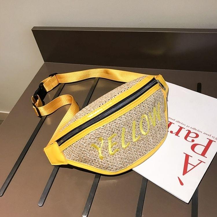 Fashion Weaving Straw Color Letter PU Single Shoulder Bag Zipper Messenger Bag Waist Sports Chest Pockets Bag (Yellow)