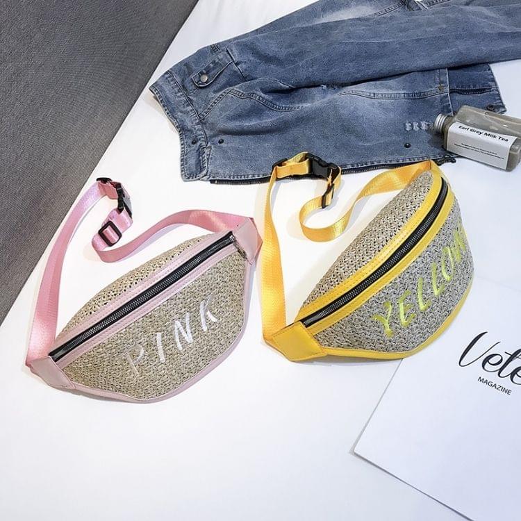 Fashion Weaving Straw Color Letter PU Single Shoulder Bag Zipper Messenger Bag Waist Sports Chest Pockets Bag (Yellow)