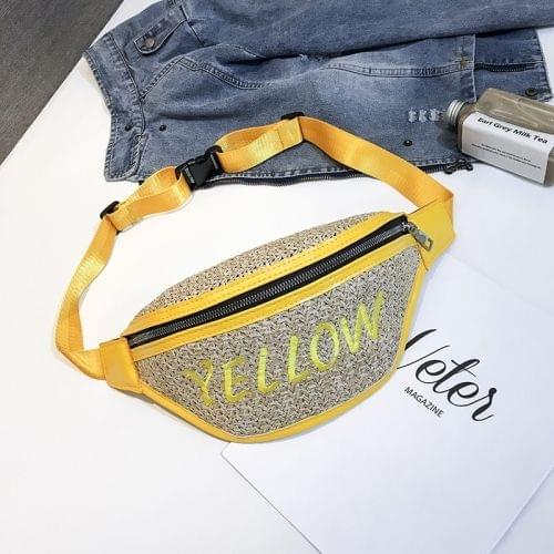 Fashion Weaving Straw Color Letter PU Single Shoulder Bag Zipper Messenger Bag Waist Sports Chest Pockets Bag (Yellow)