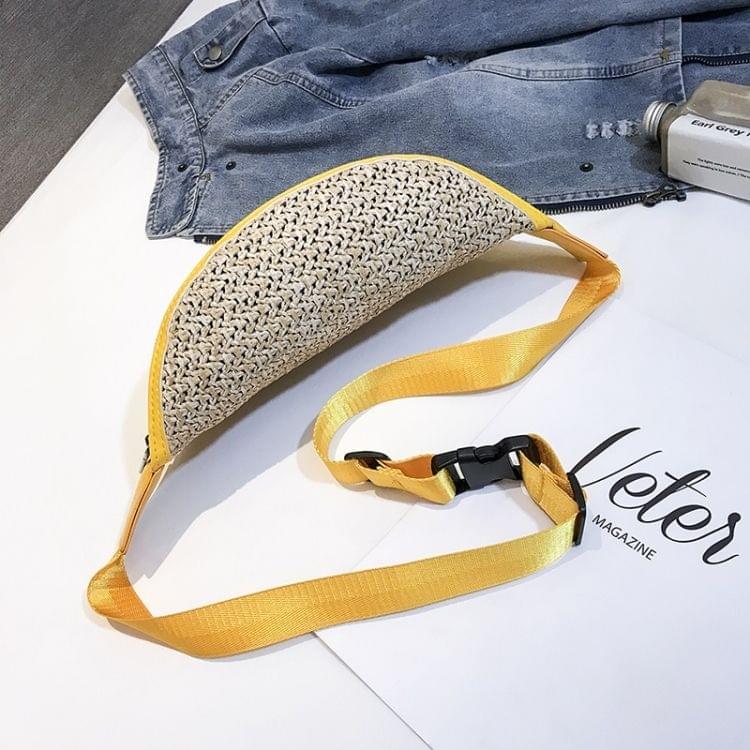 Fashion Weaving Straw Color Letter PU Single Shoulder Bag Zipper Messenger Bag Waist Sports Chest Pockets Bag (Yellow)