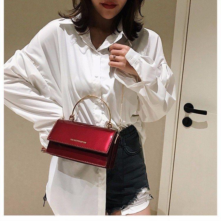 Smooth Surface PU Metal Handle Chain Single Shoulder Bag Ladies Handbag Messenger Bag (Red)