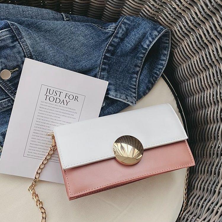 Round Buckle Color Matching PU Leather Chain Single Shoulder Bag Ladies Handbag Messenger Bag (Pink)