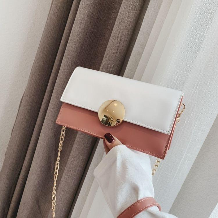 Round Buckle Color Matching PU Leather Chain Single Shoulder Bag Ladies Handbag Messenger Bag (Pink)