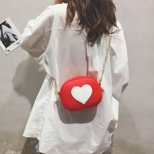 Heart Round Bag PU Leather Chain-strap Single Shoulder Bag Ladies Handbag Messenger Bag (Red)