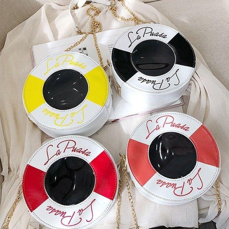 Fashion PU Swimming Circle Round Bag Chain Single Shoulder Bag Ladies Handbag Messenger Bag (Black)