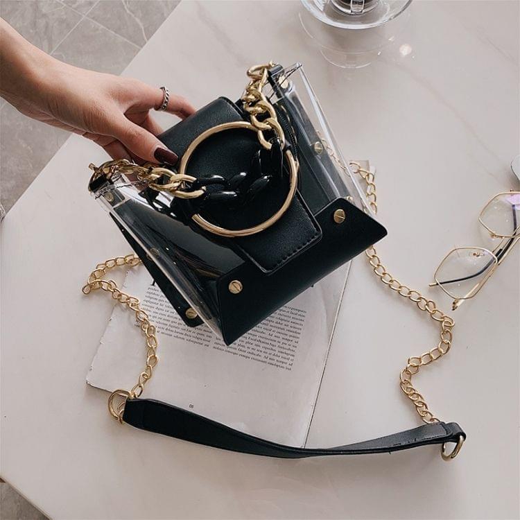 Color Matching Transparent PVC+PU Chain Shoulder Bag Ladies Handbag Messenger Bag (Black)