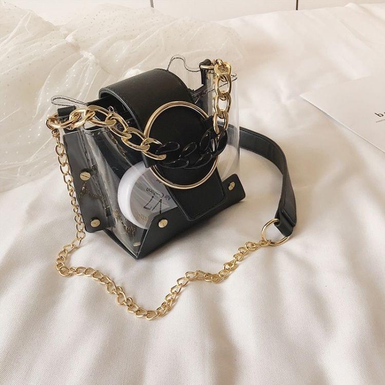 Color Matching Transparent PVC+PU Chain Shoulder Bag Ladies Handbag Messenger Bag (Black)