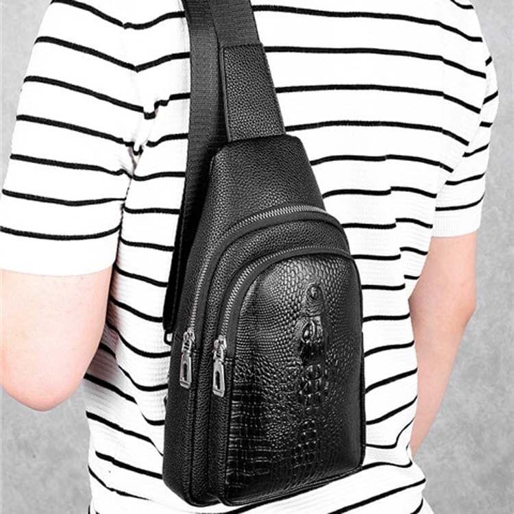 Crocodile PU Leather Business Single Shoulder Bag Men Chest Bag (Black)