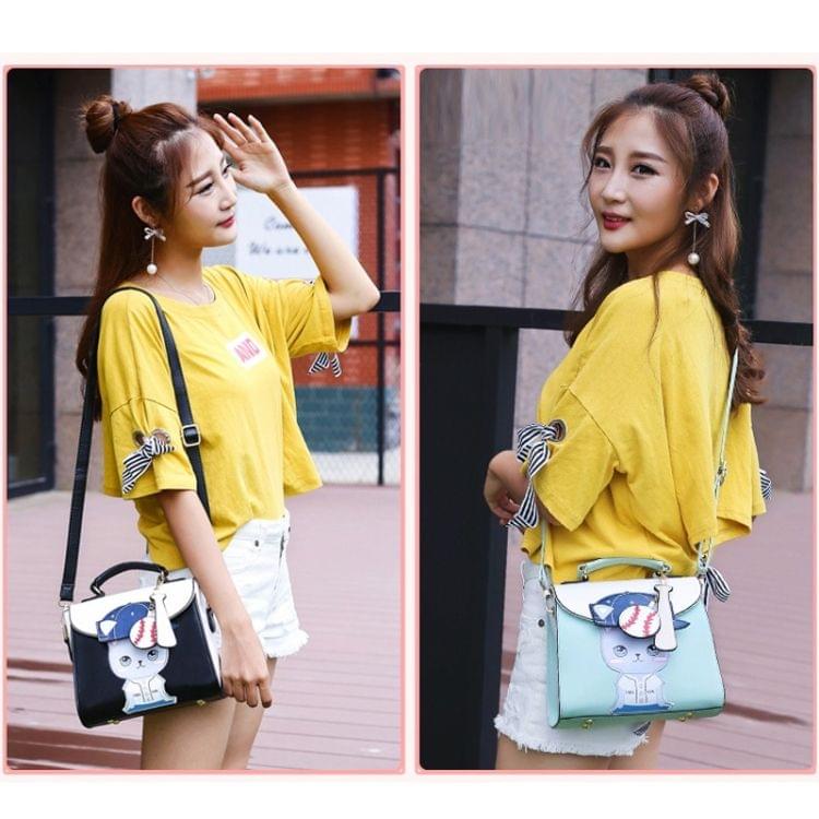 Baseball Cute Cat Pattern PU Leather Single Shoulder Bag Crossbody Bag Ladies Handbag (Black)