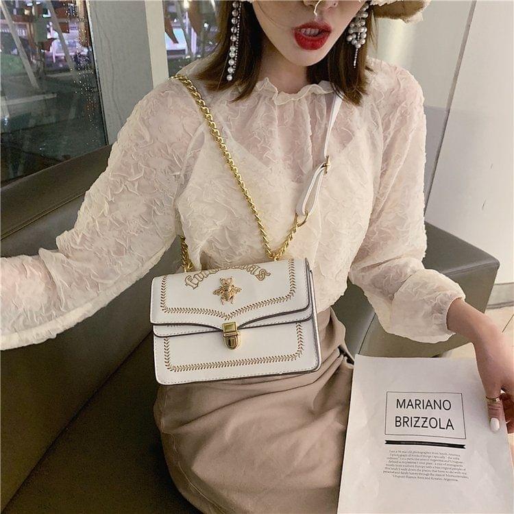 Bee Embroidery PU Leather Chain Single Shoulder Bag Ladies Handbag Messenger Bag (White)