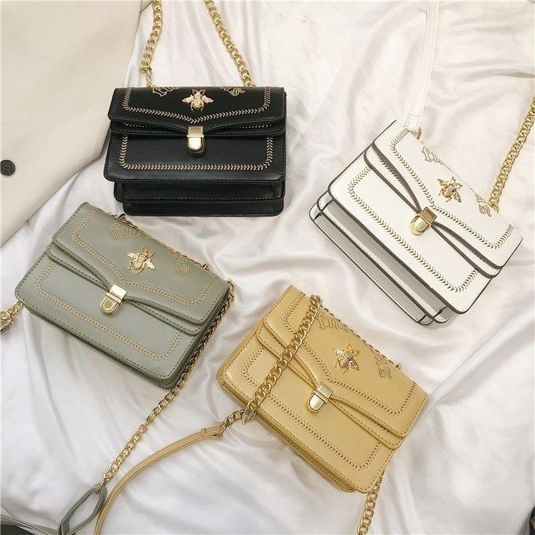 Bee Embroidery PU Leather Chain Single Shoulder Bag Ladies Handbag Messenger Bag (White)