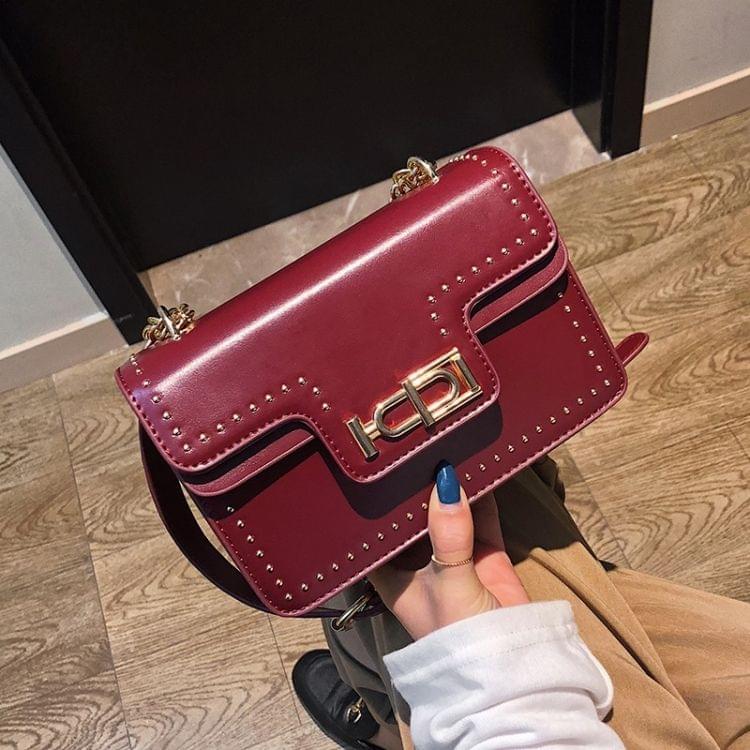 Rivet Shoulder Bag Small Square Bag Ladies Messenger Handbag (Wine Red)
