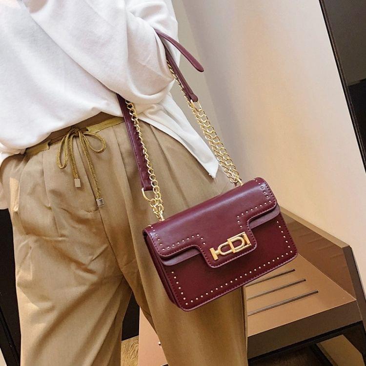 Rivet Shoulder Bag Small Square Bag Ladies Messenger Handbag (Wine Red)