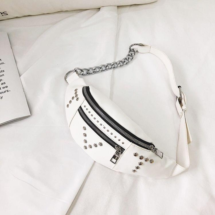 Fashion Rivet PU Single Shoulder Bag Zipper Ladies Messenger Bag Chest Waist Pockets Bag (White)