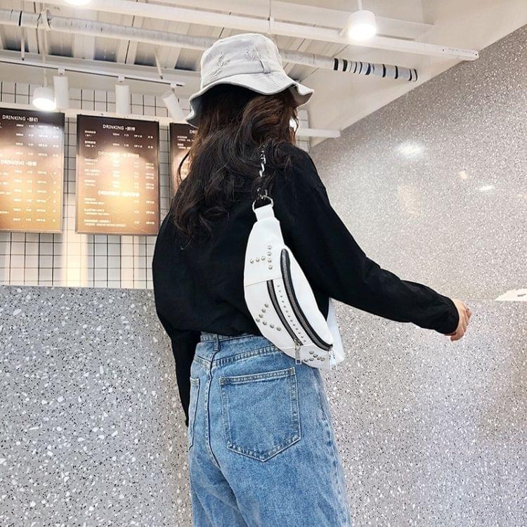 Fashion Rivet PU Single Shoulder Bag Zipper Ladies Messenger Bag Chest Waist Pockets Bag (White)