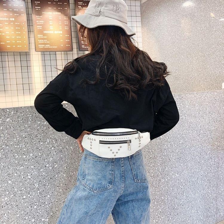 Fashion Rivet PU Single Shoulder Bag Zipper Ladies Messenger Bag Chest Waist Pockets Bag (White)
