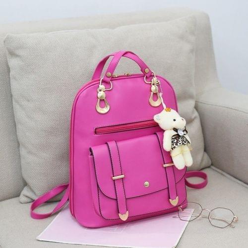 Casual PU Shoulder Bag Ladies Handbag Messenger Bag with Plush Bear Doll (Pink)