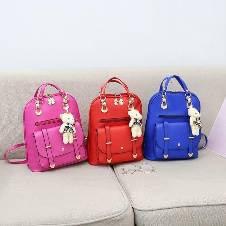 Casual PU Shoulder Bag Ladies Handbag Messenger Bag with Plush Bear Doll (Pink)