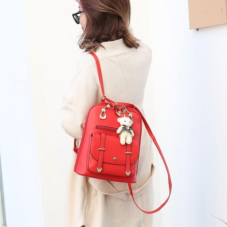 Casual PU Shoulder Bag Ladies Handbag Messenger Bag with Plush Bear Doll (Red)