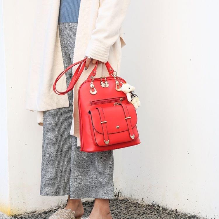 Casual PU Shoulder Bag Ladies Handbag Messenger Bag with Plush Bear Doll (Red)