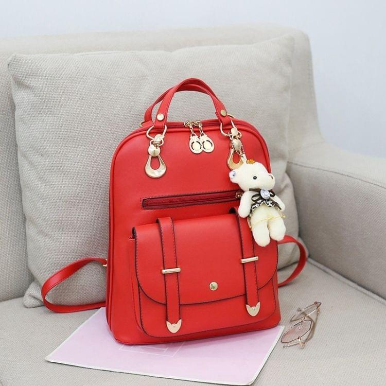 Casual PU Shoulder Bag Ladies Handbag Messenger Bag with Plush Bear Doll (Red)