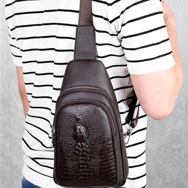 Crocodile PU Leather Business Single Shoulder Bag Men Chest Bag (Brown)