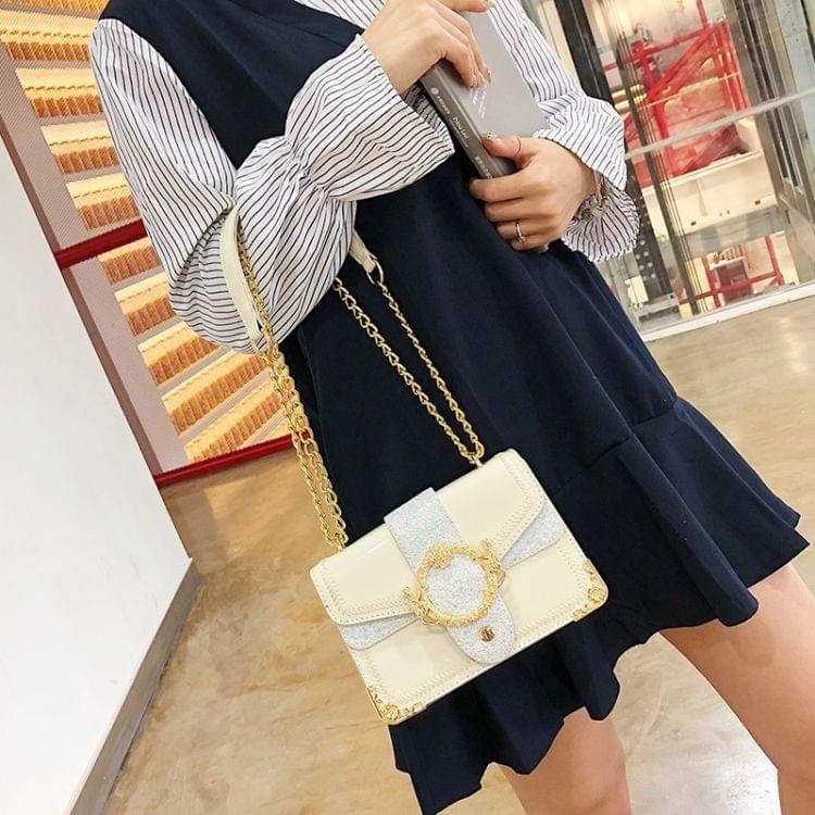Glitter Sequin PU Shoulder Bag Small Square Bag Ladies Handbag Messenger Bag (White)