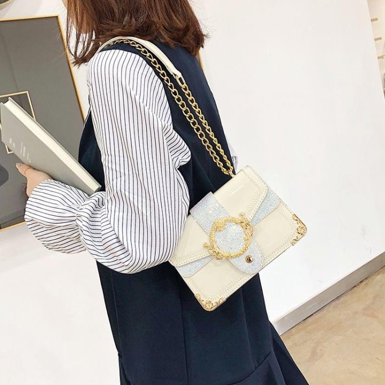 Glitter Sequin PU Shoulder Bag Small Square Bag Ladies Handbag Messenger Bag (White)