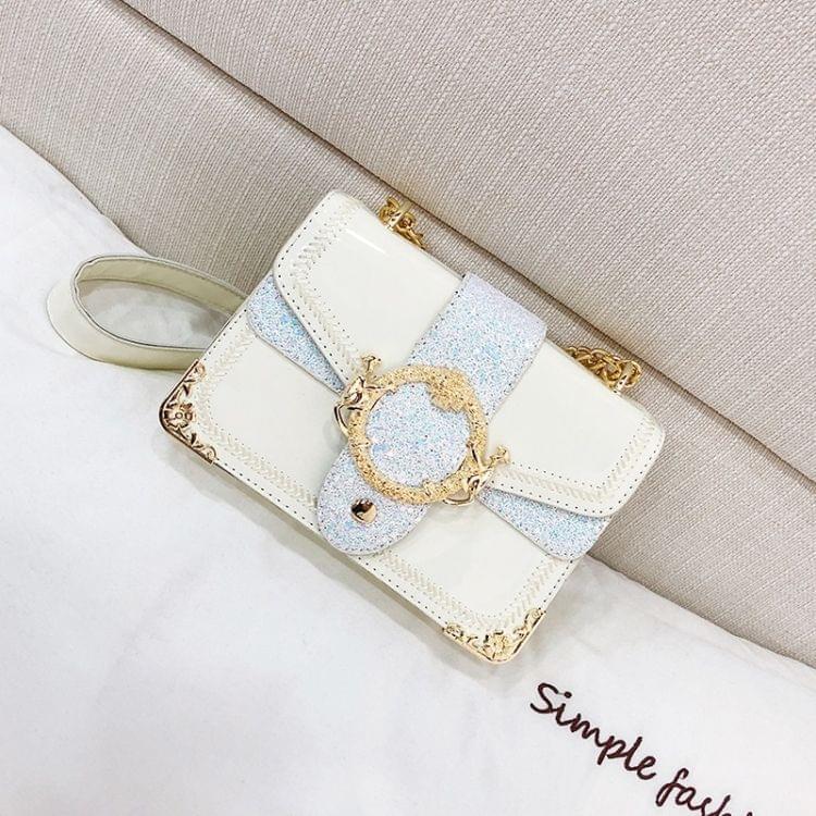 Glitter Sequin PU Shoulder Bag Small Square Bag Ladies Handbag Messenger Bag (White)