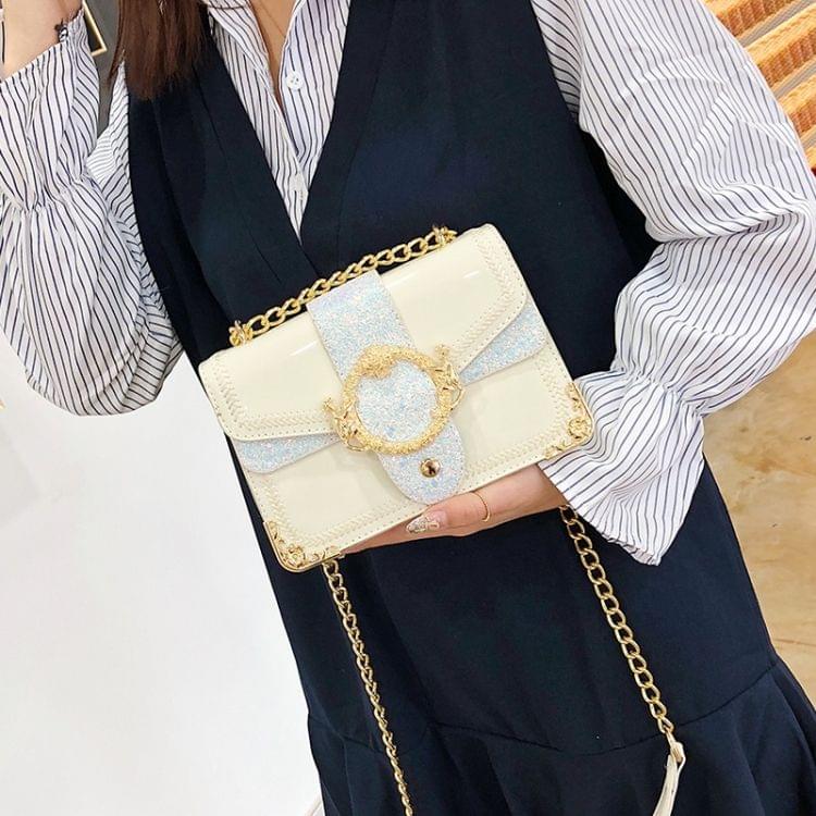 Glitter Sequin PU Shoulder Bag Small Square Bag Ladies Handbag Messenger Bag (White)