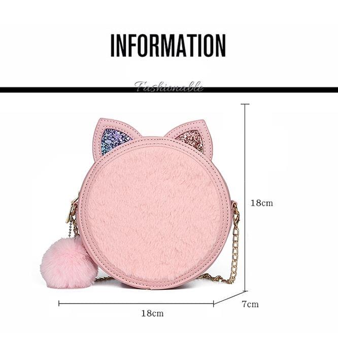 Fashion Cute Cat Pattern Plush PU Leather Small Round Handbag Crossbody Shoulder Bag