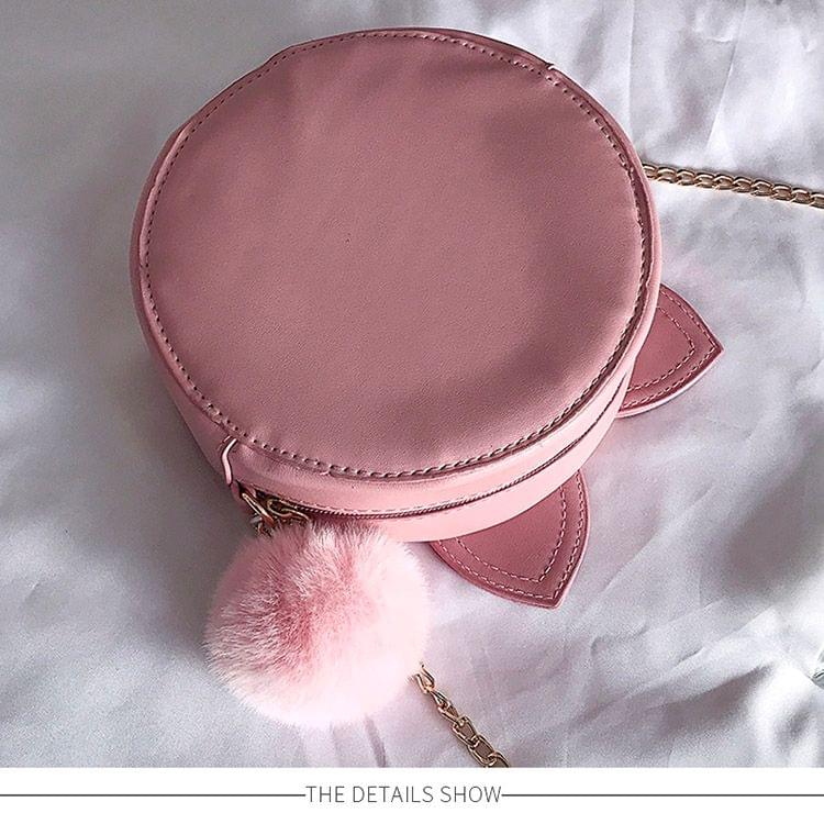 Fashion Cute Cat Pattern Plush PU Leather Small Round Handbag Crossbody Shoulder Bag