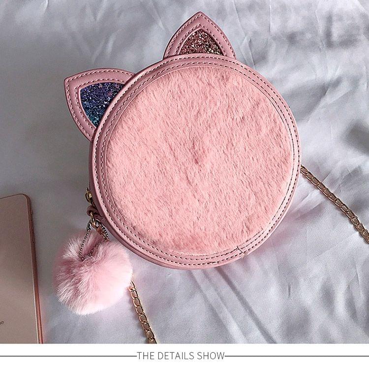 Fashion Cute Cat Pattern Plush PU Leather Small Round Handbag Crossbody Shoulder Bag