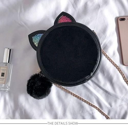 Fashion Cute Cat Pattern Plush PU Leather Small Round Handbag Crossbody Shoulder Bag